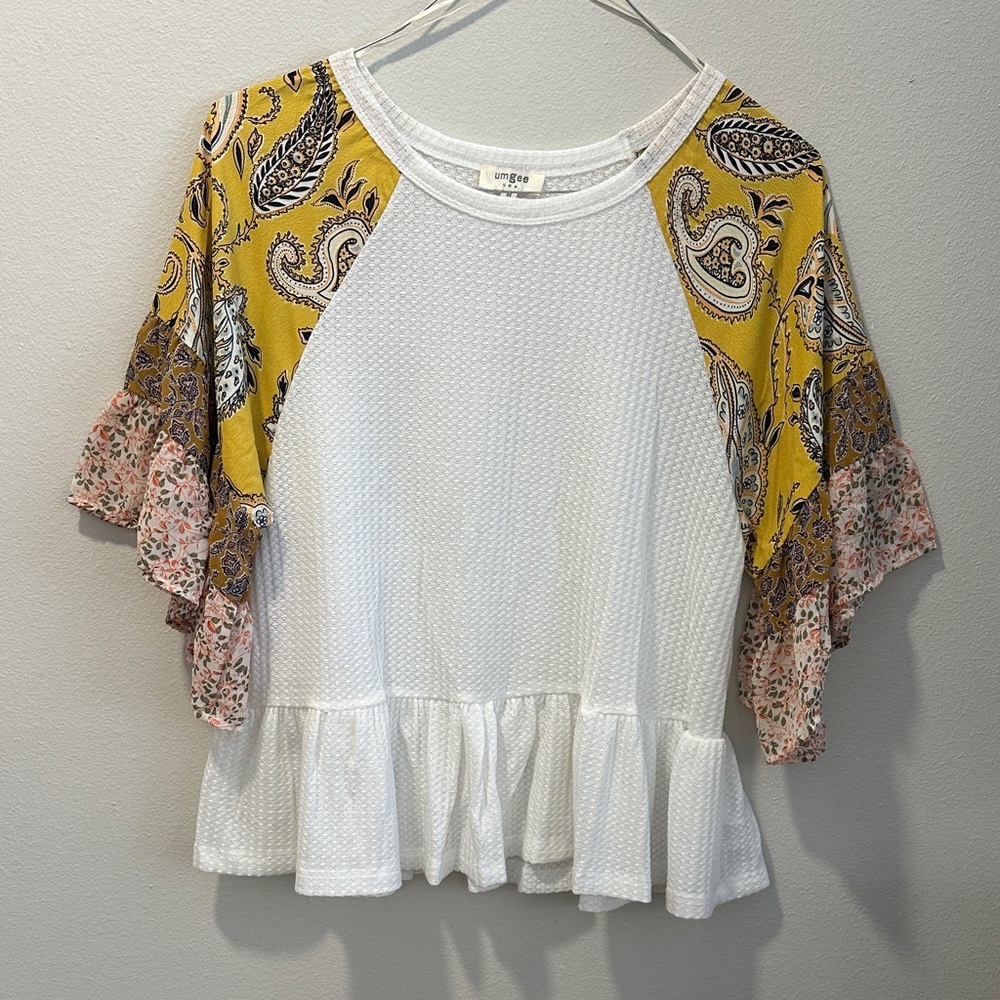 Umgee White Peplum Top with Yellow Paisley Ruffle Sleeves and Pink Floral Trim